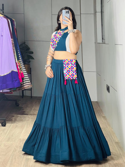 Teal Blue Pure Pure Rayon Cotton Navratri Lehenga Choli