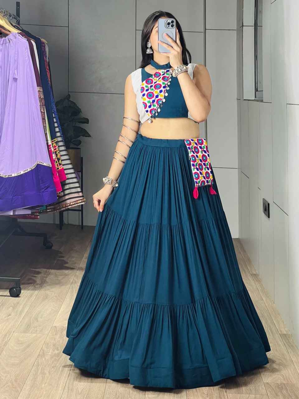 Teal Blue Pure Pure Rayon Cotton Navratri Lehenga Choli