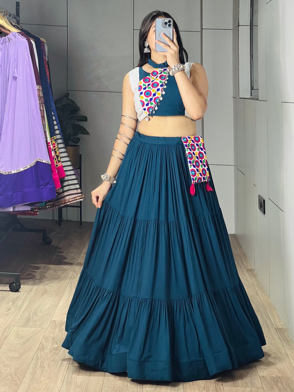 Teal Blue Pure Pure Rayon Cotton Navratri Lehenga Choli