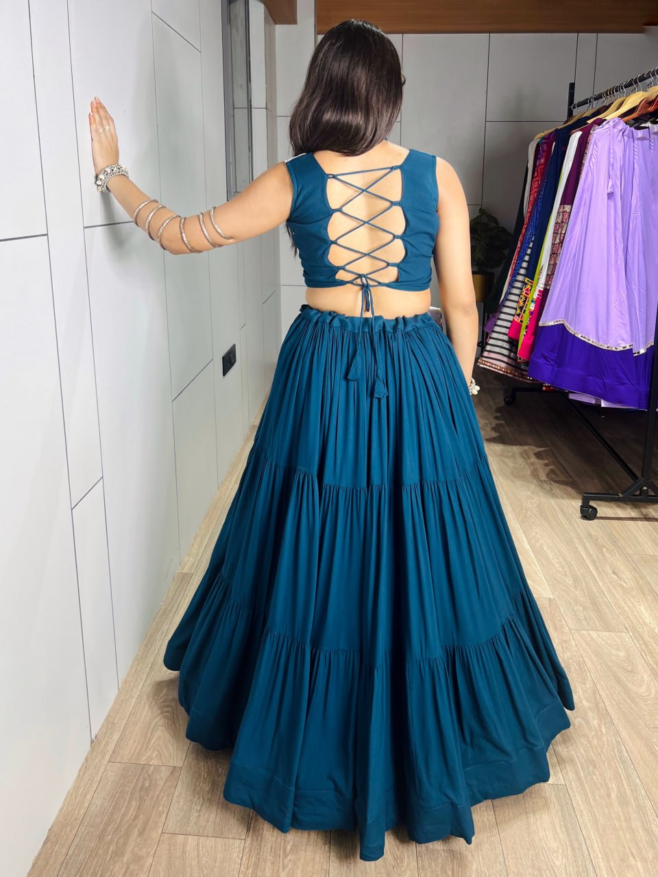 Teal Blue Pure Pure Rayon Cotton Navratri Lehenga Choli