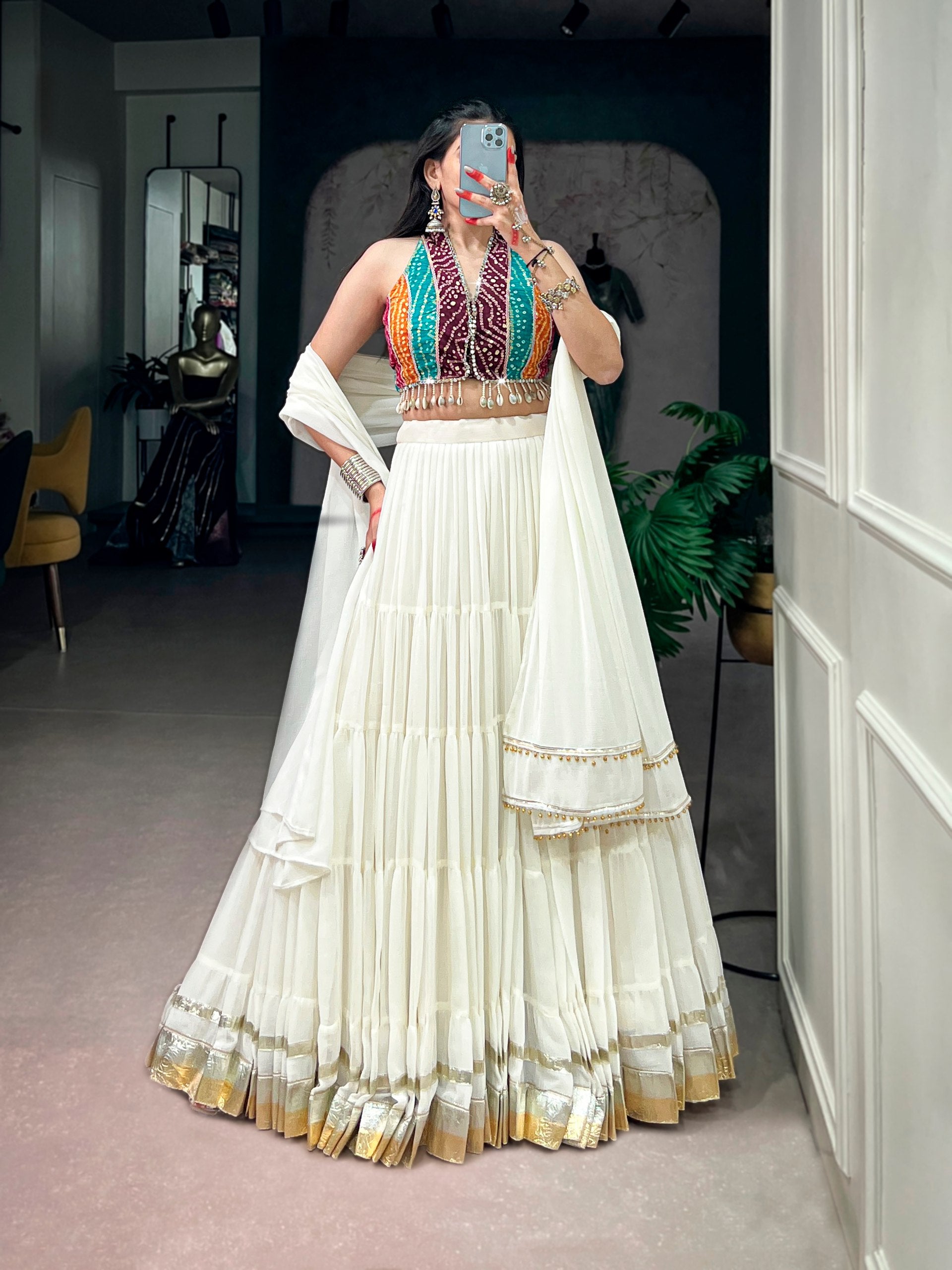 White Pure Silk 12 Mtr Flair Heavy Thread Embroidery Sequins Work Navratri Lehenga Choli