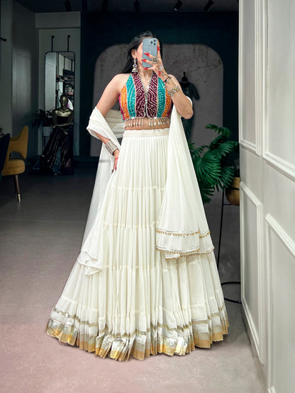 White Pure Silk 12 Mtr Flair Heavy Thread Embroidery Sequins Work Navratri Lehenga Choli