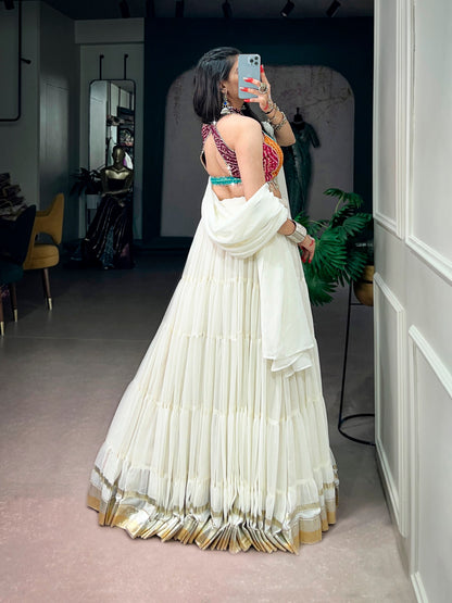 White Pure Silk 12 Mtr Flair Heavy Thread Embroidery Sequins Work Navratri Lehenga Choli