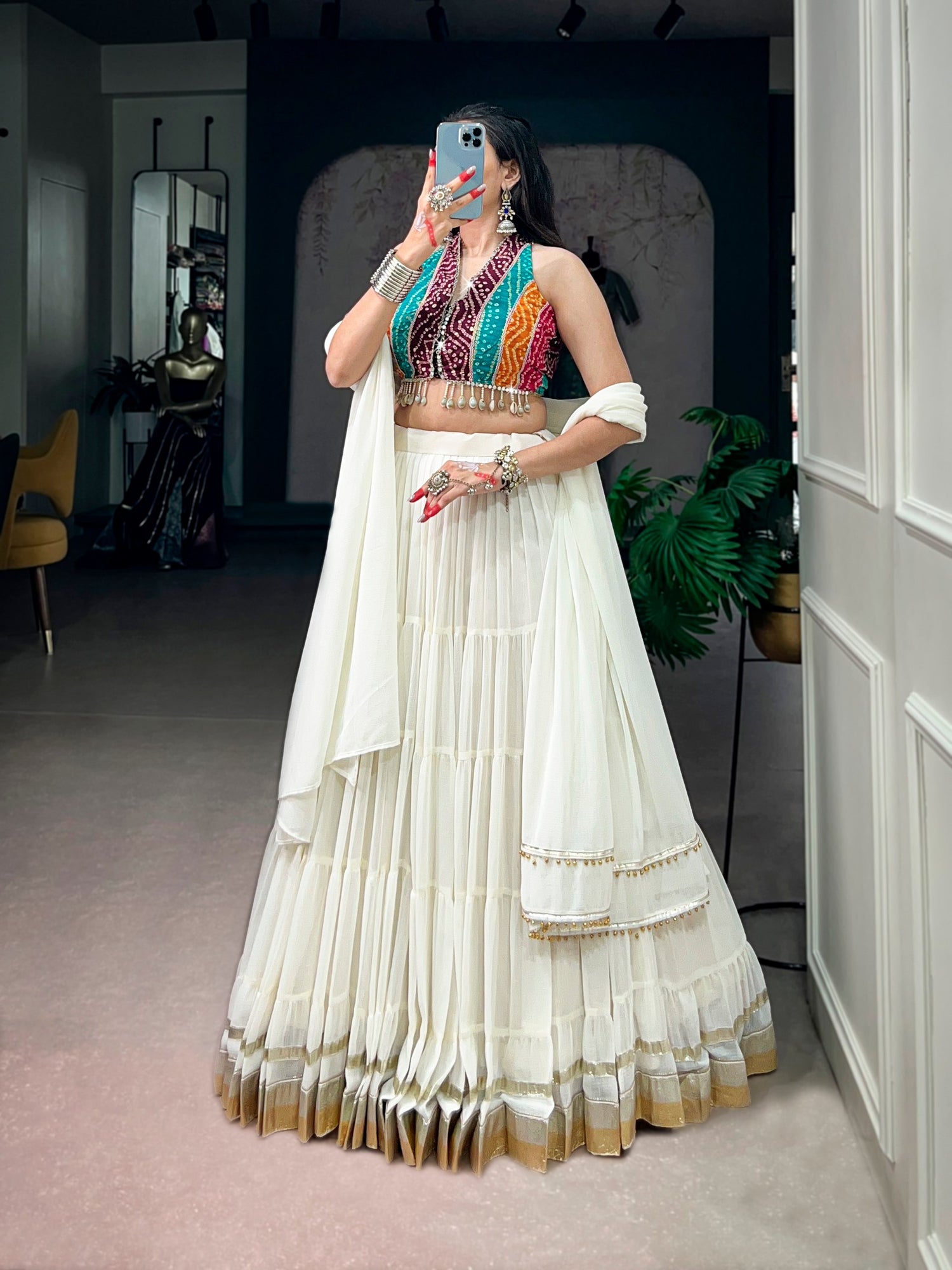 White Pure Silk 12 Mtr Flair Heavy Thread Embroidery Sequins Work Navratri Lehenga Choli