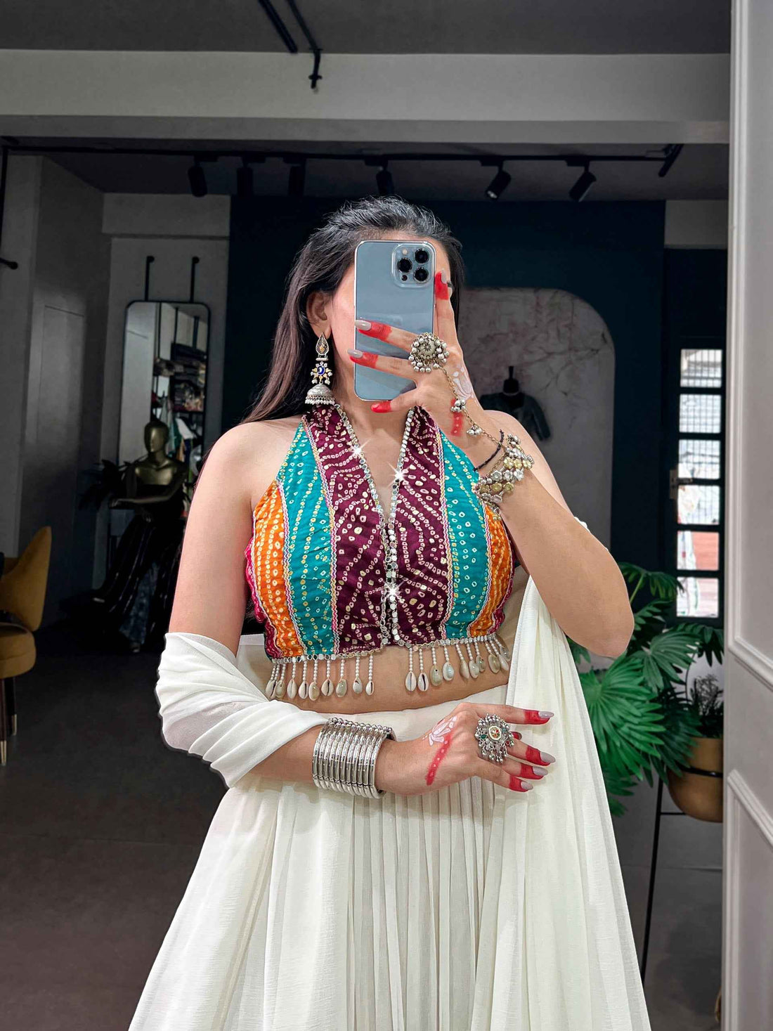 White Pure Silk 12 Mtr Flair Heavy Thread Embroidery Sequins Work Navratri Lehenga Choli