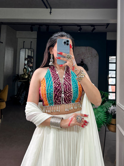 White Pure Silk 12 Mtr Flair Heavy Thread Embroidery Sequins Work Navratri Lehenga Choli
