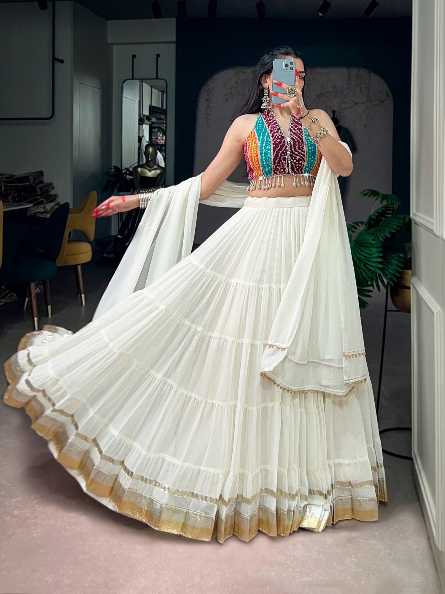 White Pure Silk 12 Mtr Flair Heavy Thread Embroidery Sequins Work Navratri Lehenga Choli