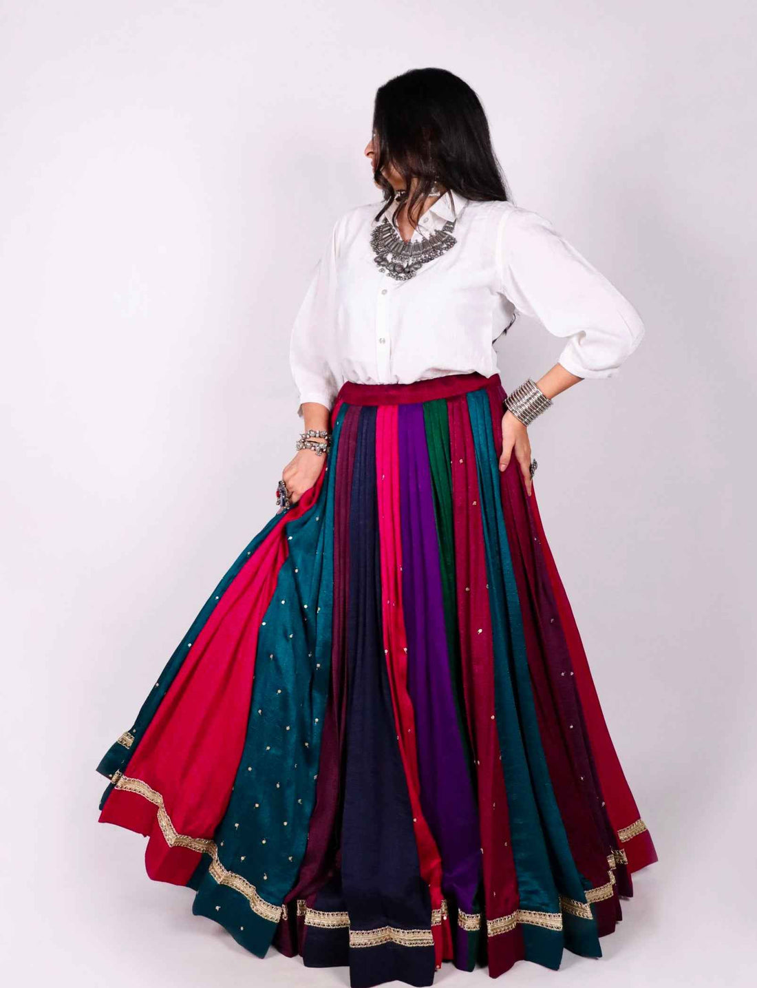 Multi Pure Rayon Cotton &amp; Georgette 7 Mtr Flair Heavy Thread Work Navratri Lehenga Skirt