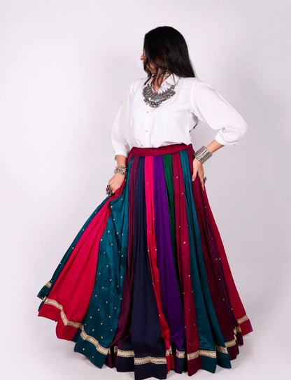 Multi Pure Rayon Cotton &amp; Georgette 7 Mtr Flair Heavy Thread Work Navratri Lehenga Skirt
