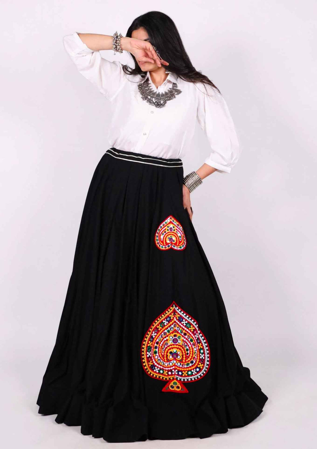 Black Pure Rayon Cotton &amp; Georgette 7 Mtr Flair Heavy Thread Work Navratri Lehenga Skirt