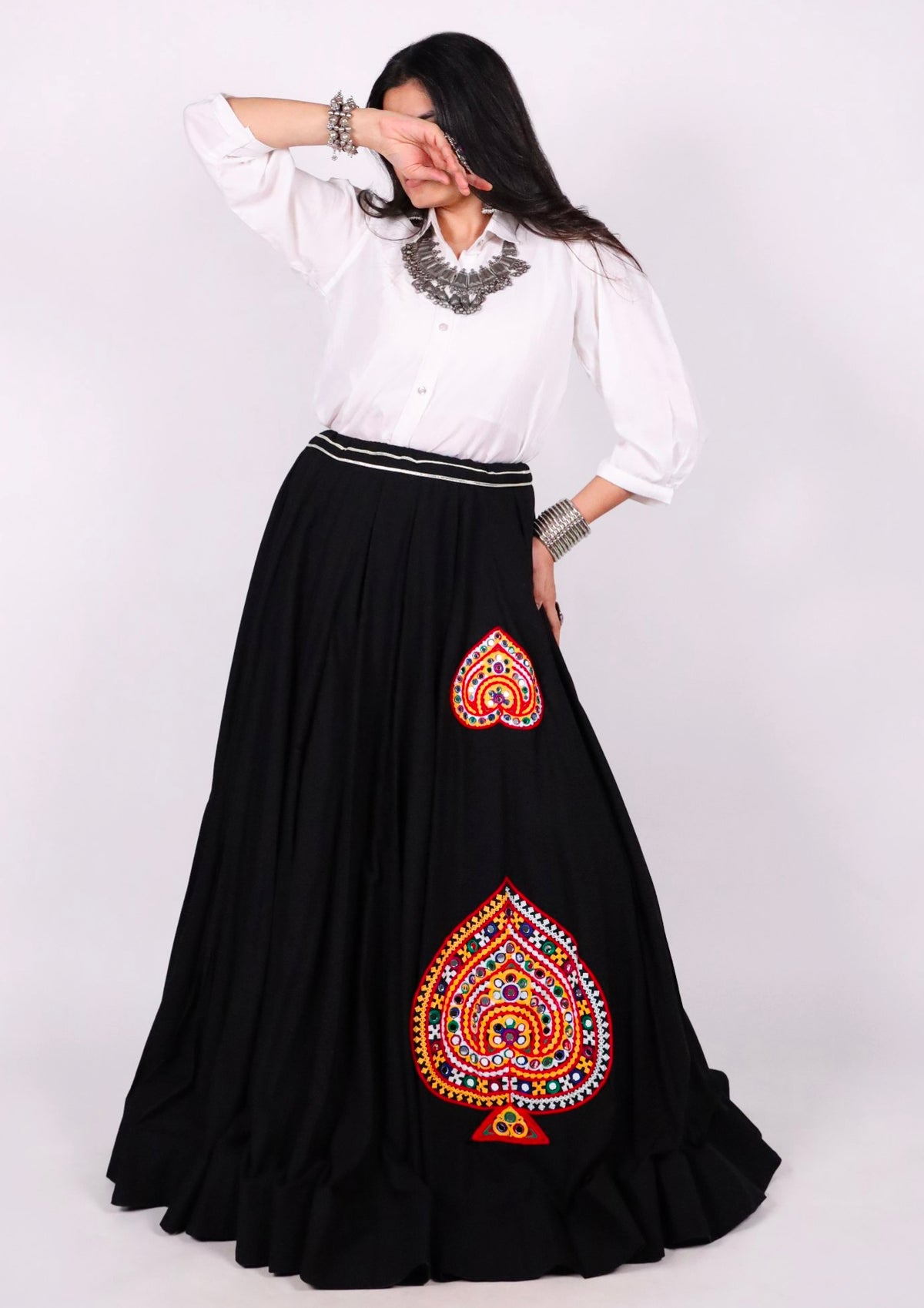 Black Pure Rayon Cotton &amp; Georgette 7 Mtr Flair Heavy Thread Work Navratri Lehenga Skirt