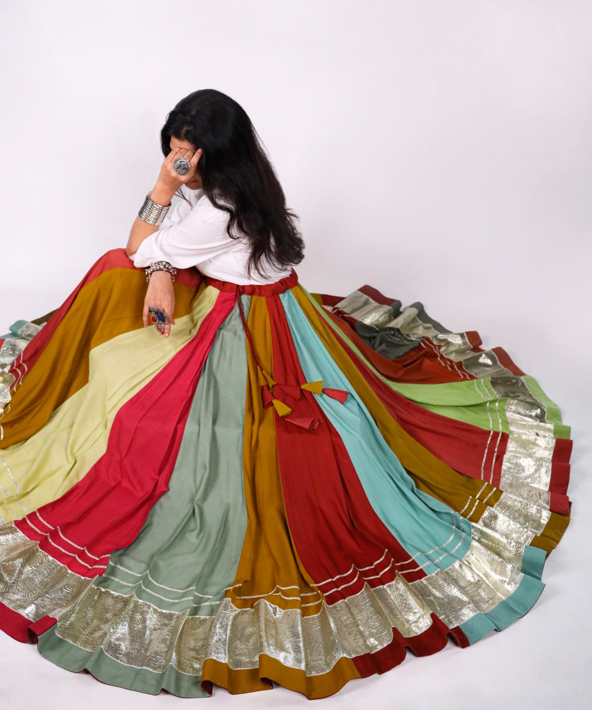 Multi Pure Rayon Cotton &amp; Georgette 7 Mtr Flair Heavy Thread Work Navratri Lehenga Skirt