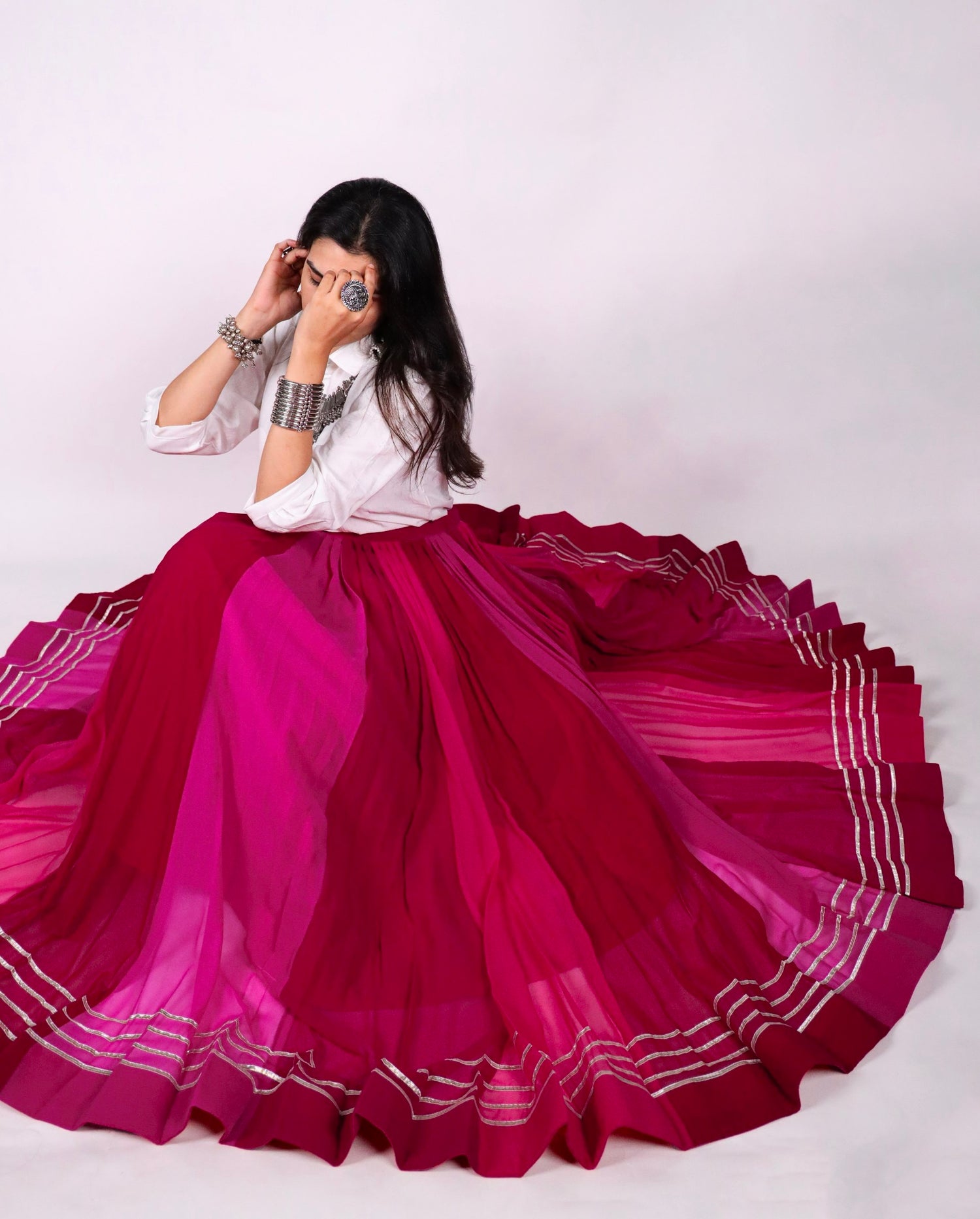 Rani Pink Pure Rayon Cotton &amp; Georgette 7 Mtr Flair Heavy Thread Work Navratri Lehenga Skirt