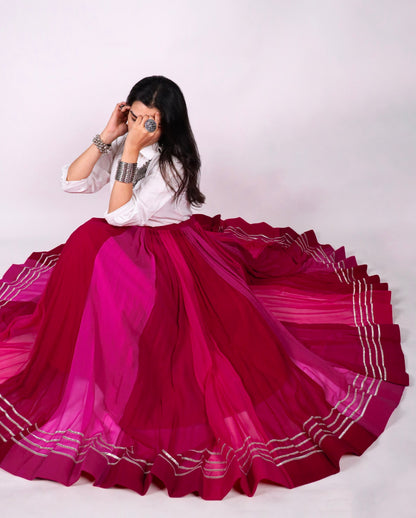 Rani Pink Pure Rayon Cotton &amp; Georgette 7 Mtr Flair Heavy Thread Work Navratri Lehenga Skirt