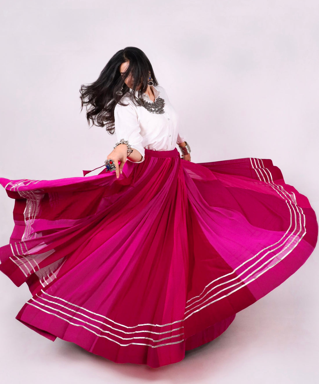 Rani Pink Pure Rayon Cotton &amp; Georgette 7 Mtr Flair Heavy Thread Work Navratri Lehenga Skirt
