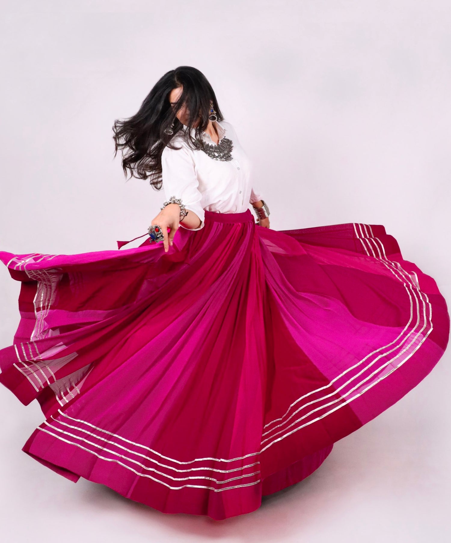 Rani Pink Pure Rayon Cotton &amp; Georgette 7 Mtr Flair Heavy Thread Work Navratri Lehenga Skirt
