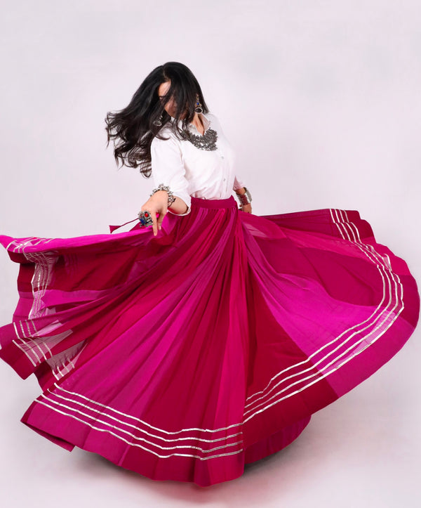 Rani Pink Pure Rayon Cotton & Georgette 7 Mtr Flair Heavy Thread Work Navratri Lehenga Skirt