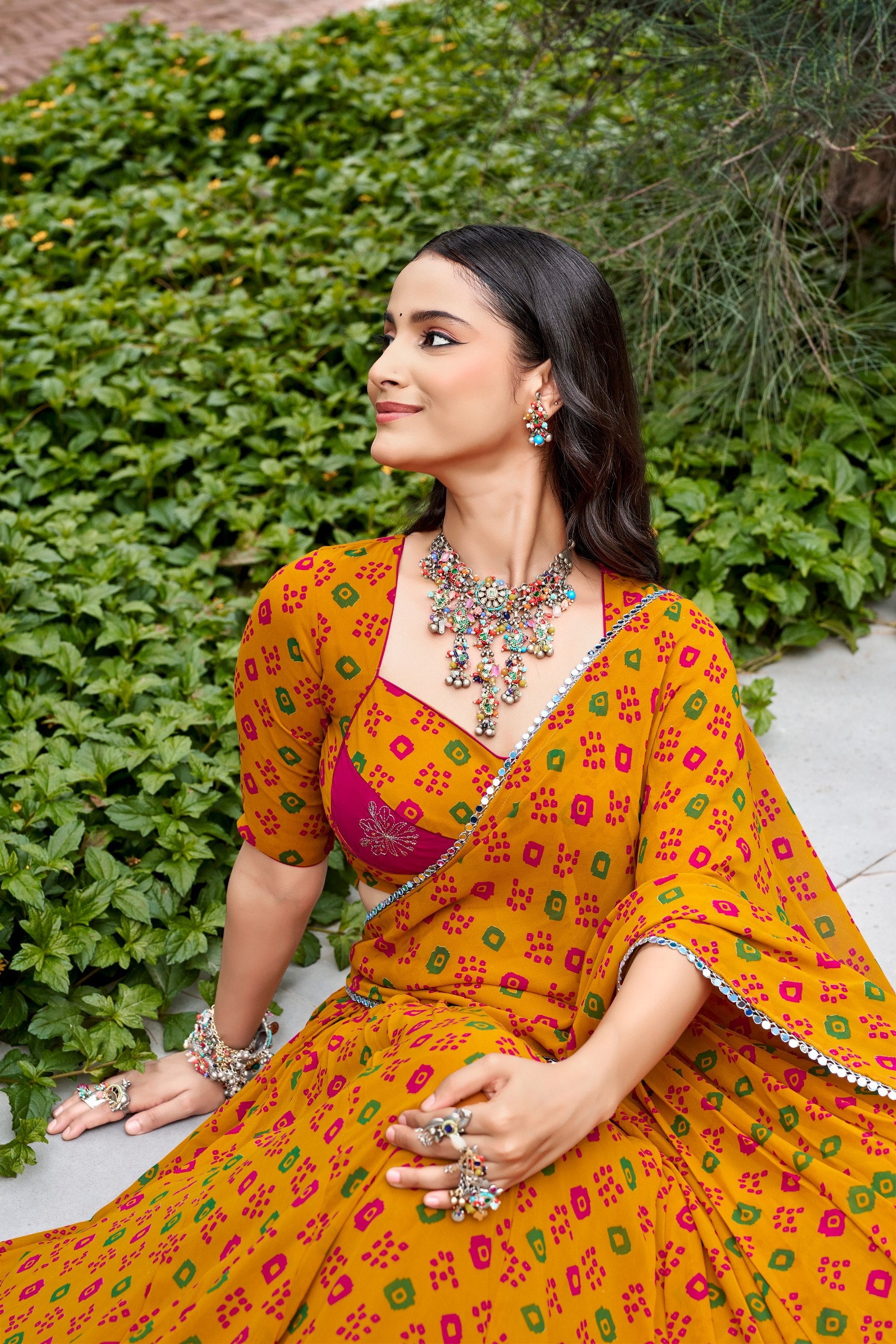 Mustard Pure Georgette 08 Mtr Flair Heavy Thread Work Navratri Lehenga Choli