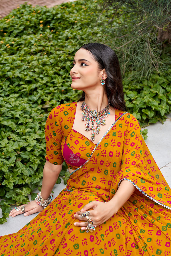 Mustard Pure Georgette 08 Mtr Flair Heavy Thread Work Navratri Lehenga Choli