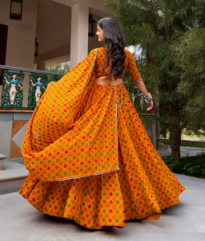 Mustard Pure Georgette 08 Mtr Flair Heavy Thread Work Navratri Lehenga Choli