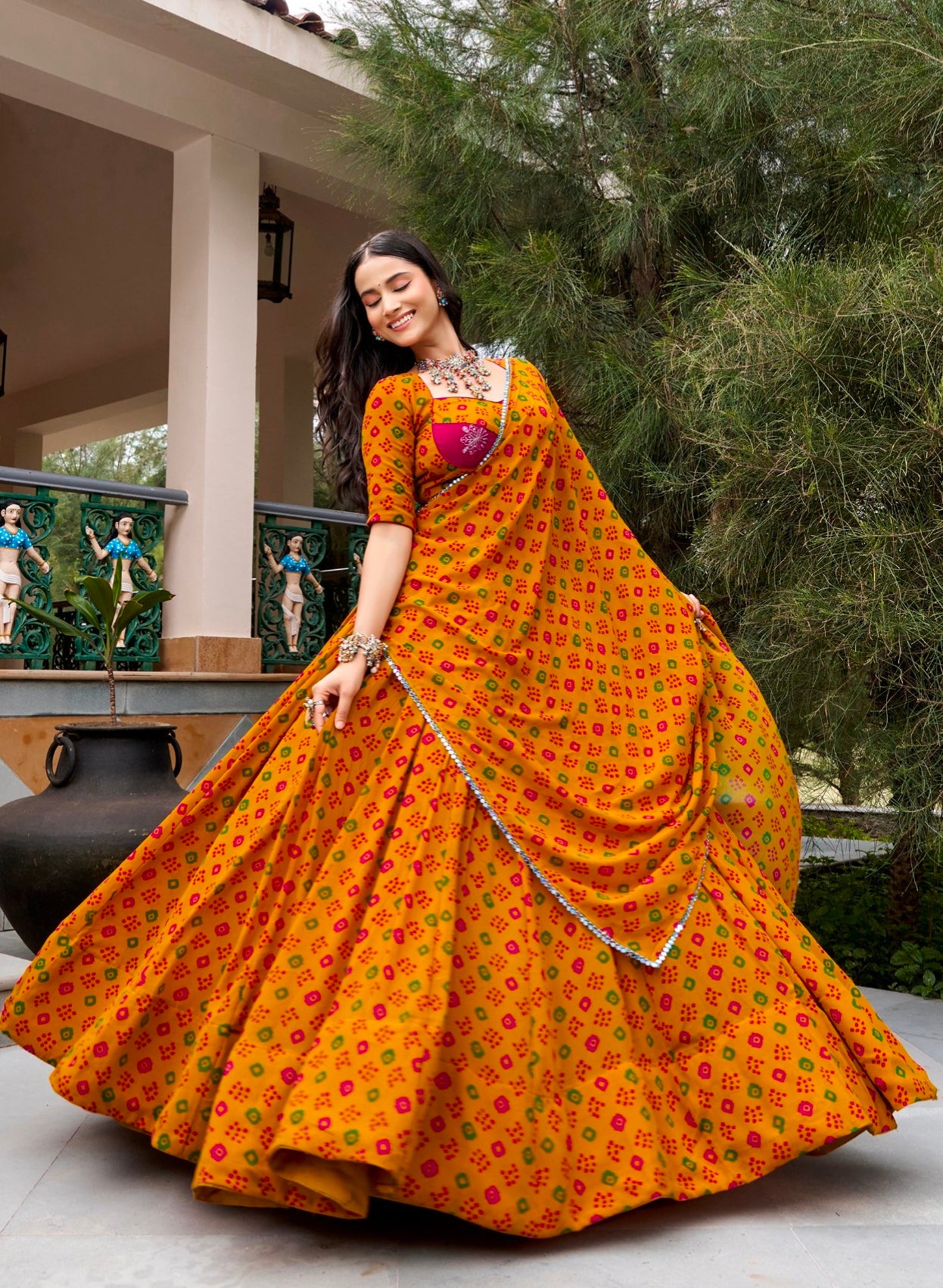 Mustard Pure Georgette 08 Mtr Flair Heavy Thread Work Navratri Lehenga Choli