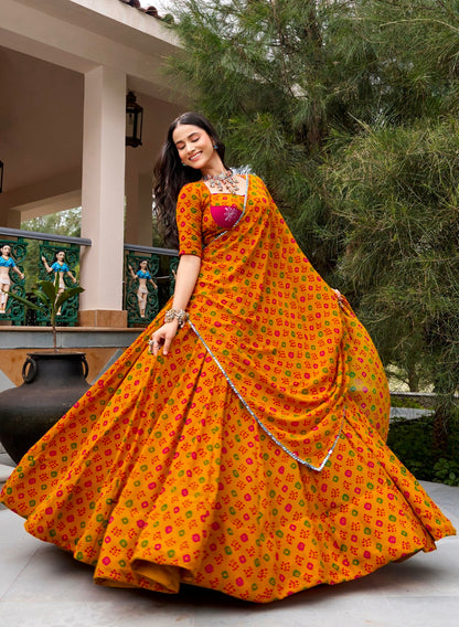Mustard Pure Georgette 08 Mtr Flair Heavy Thread Work Navratri Lehenga Choli