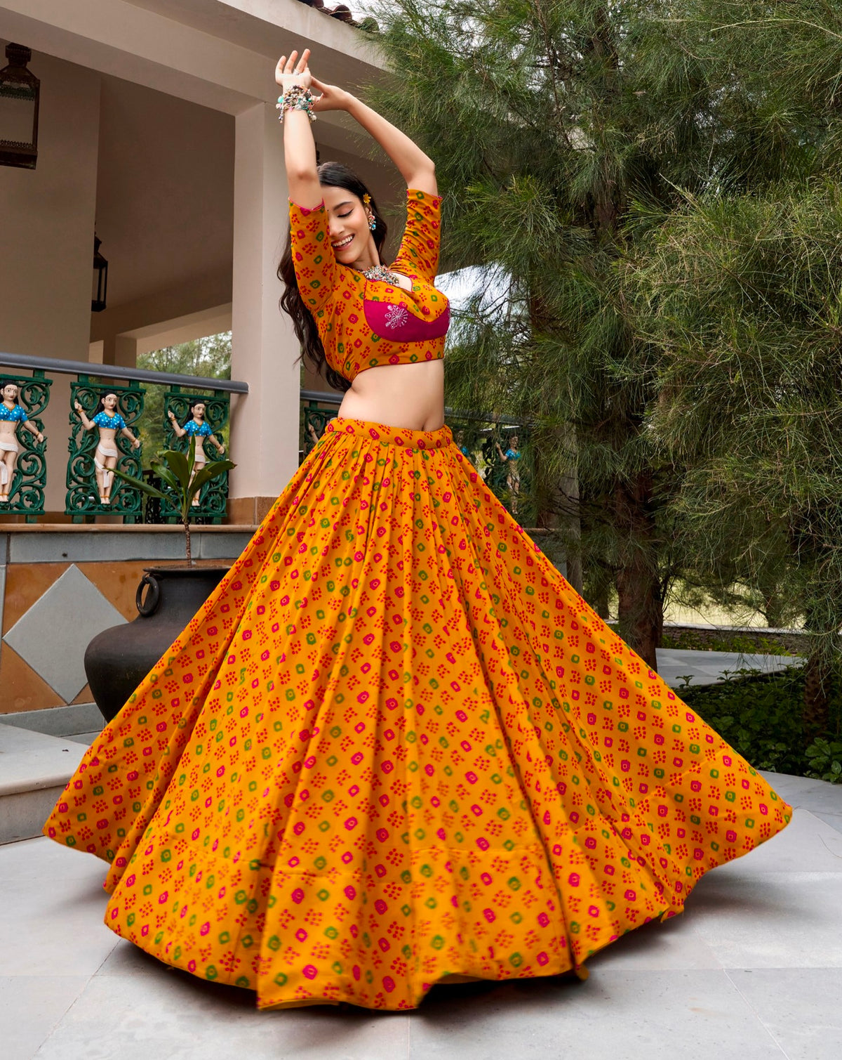Mustard Pure Georgette 08 Mtr Flair Heavy Thread Work Navratri Lehenga Choli