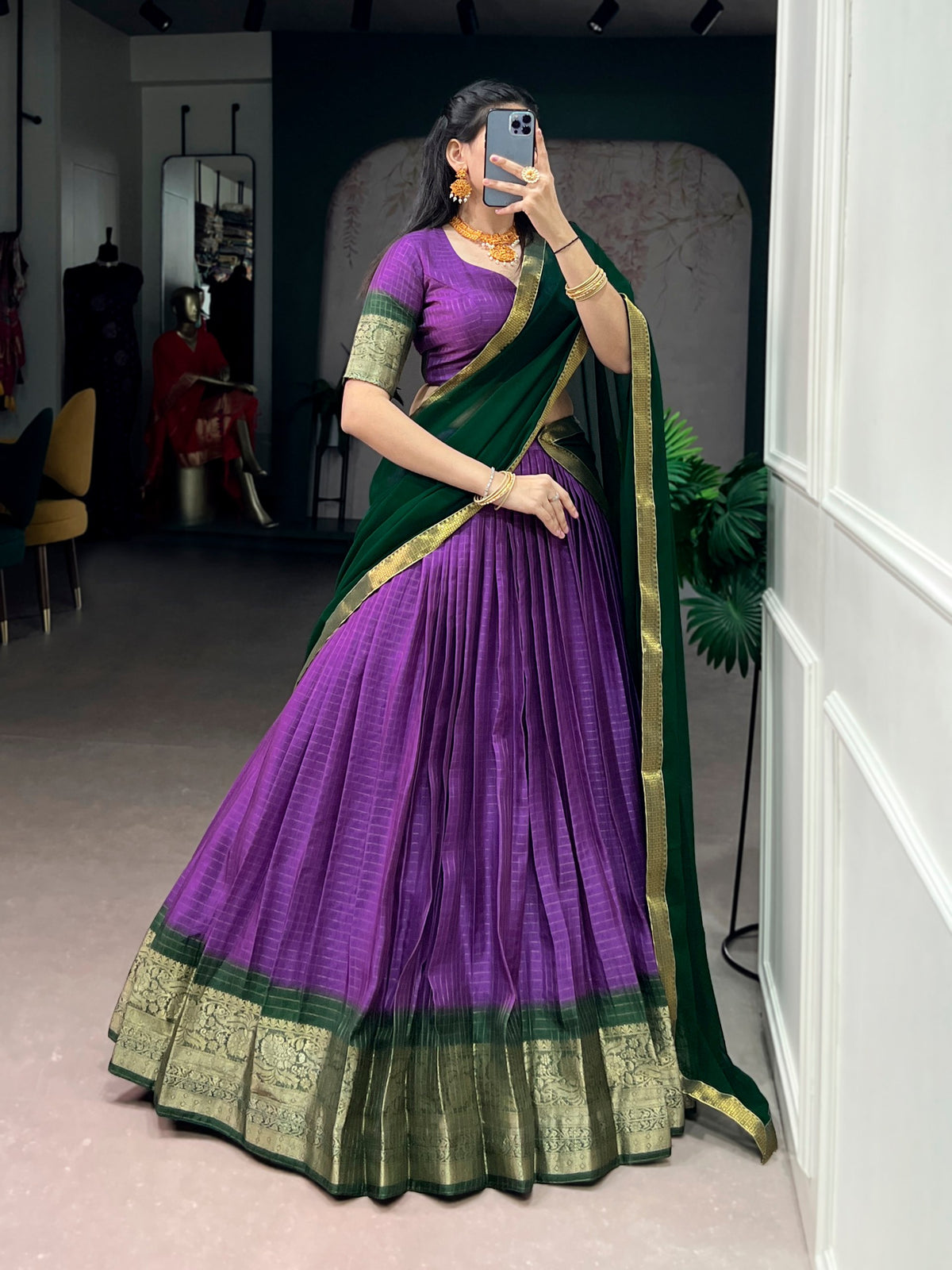 Purple Pure Dola Chex with Zari Weaving Work South Indian Lehenga Choli