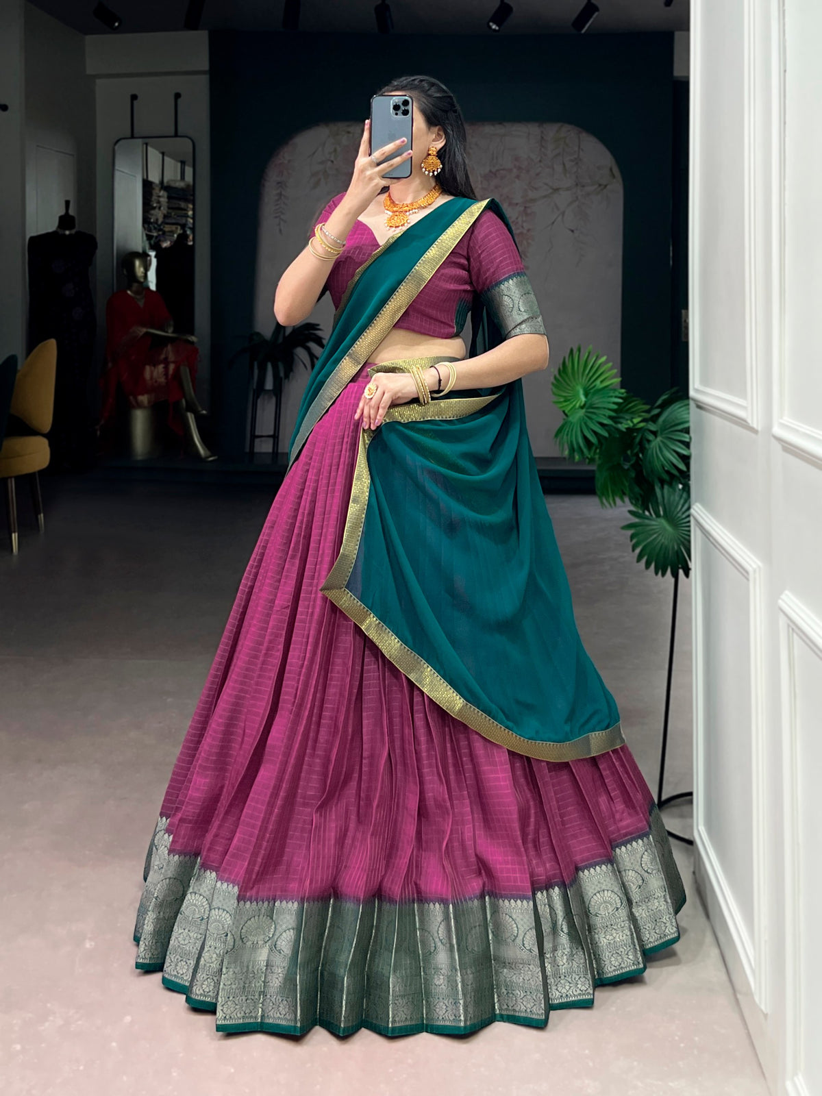 Pink Pure Dola Chex with Zari Weaving Work South Indian Lehenga Choli