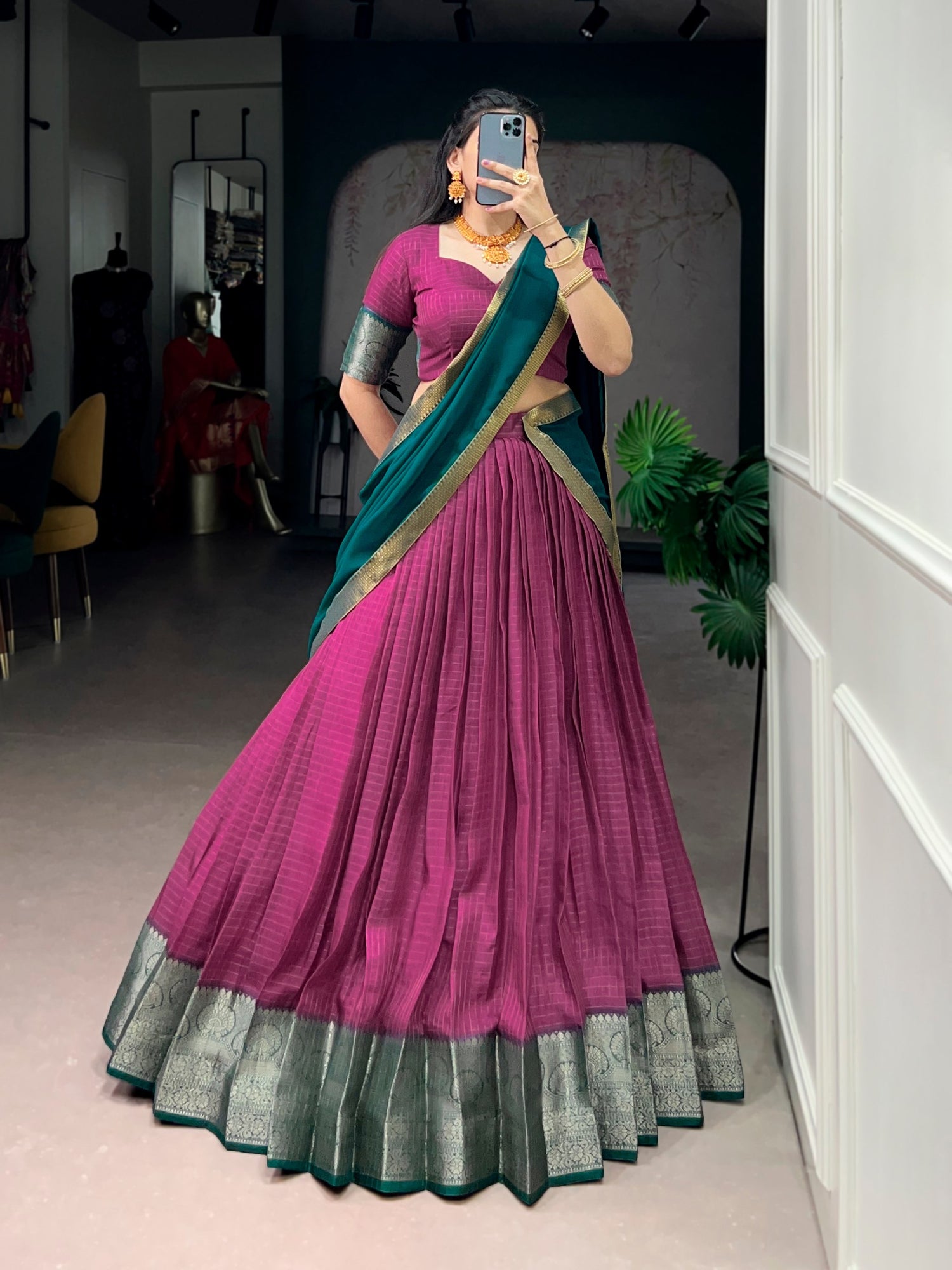 Pink Pure Dola Chex with Zari Weaving Work South Indian Lehenga Choli