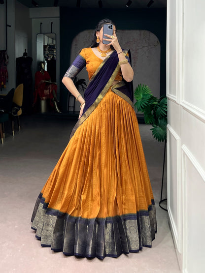 Mustard Pure Dola Chex with Zari Weaving Work South Indian Lehenga Choli