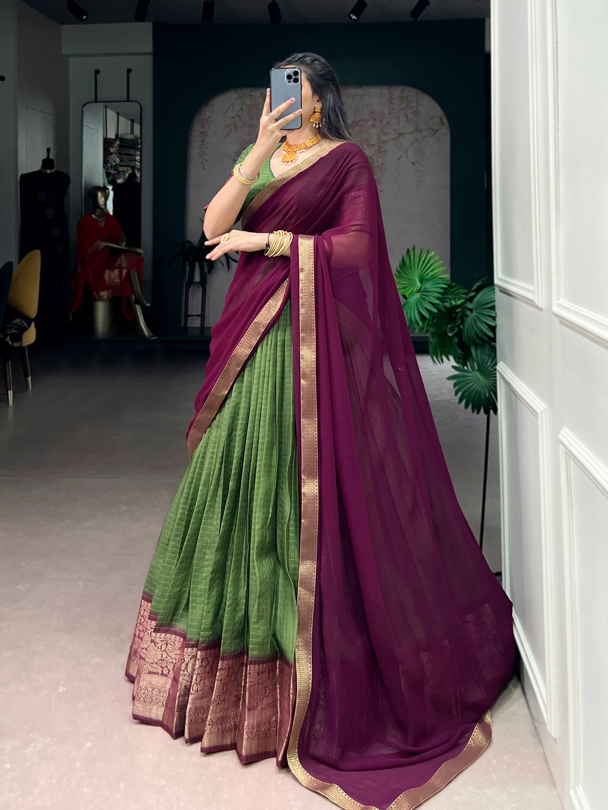Mehandi Pure Dola Chex with Zari Weaving Work South Indian Lehenga Choli