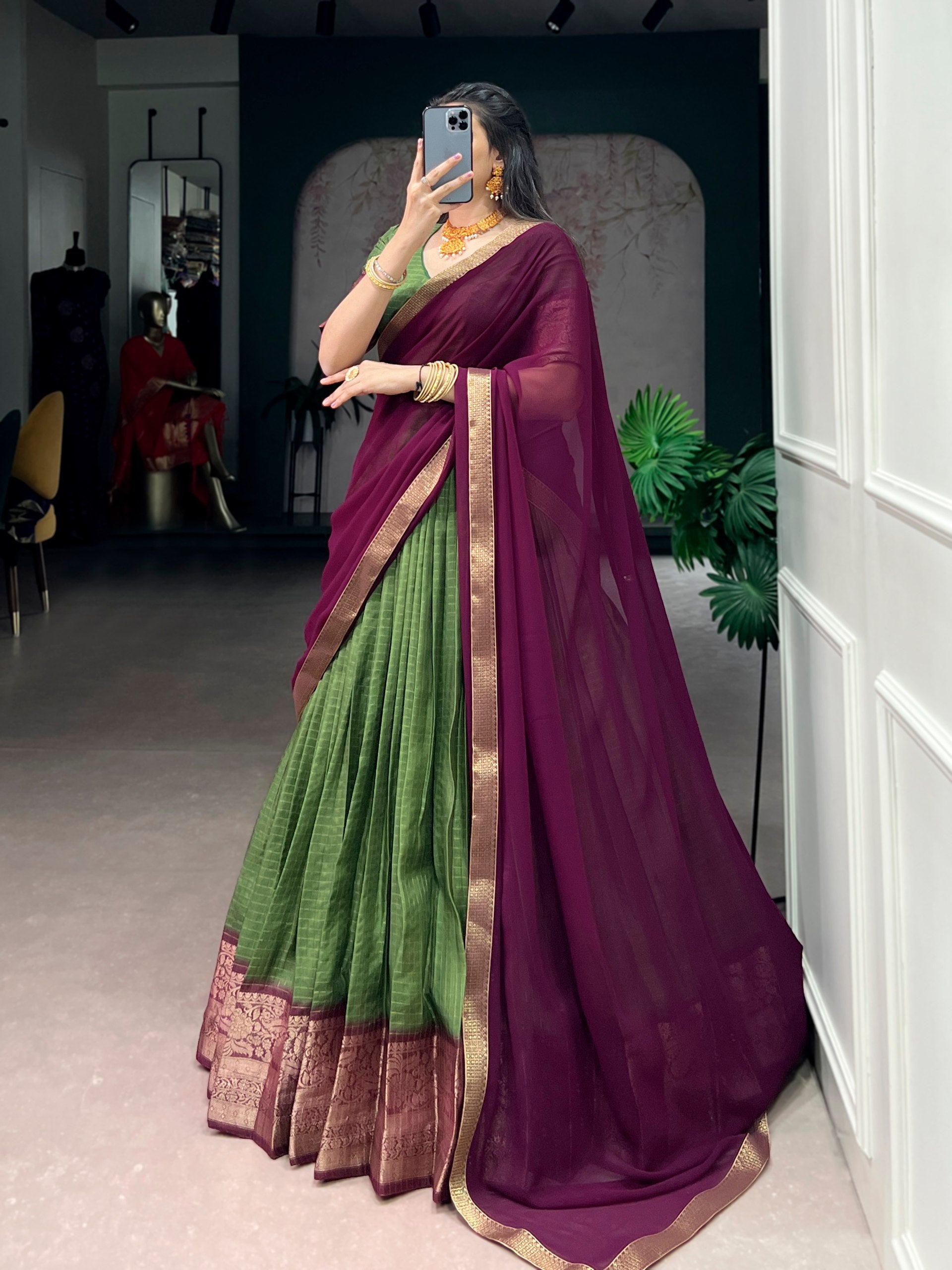 Mehandi Pure Dola Chex with Zari Weaving Work South Indian Lehenga Choli