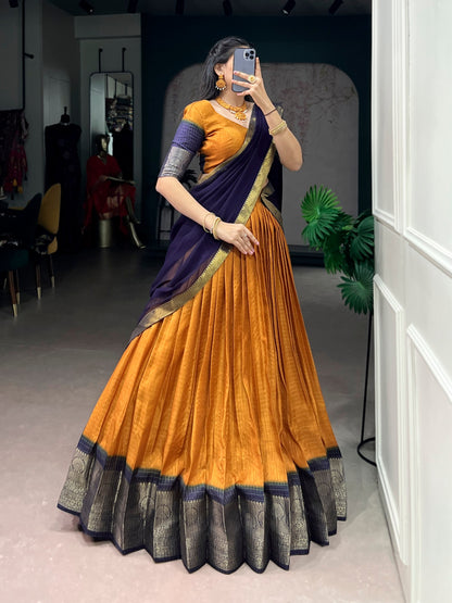 Mustard Pure Dola Chex with Zari Weaving Work South Indian Lehenga Choli
