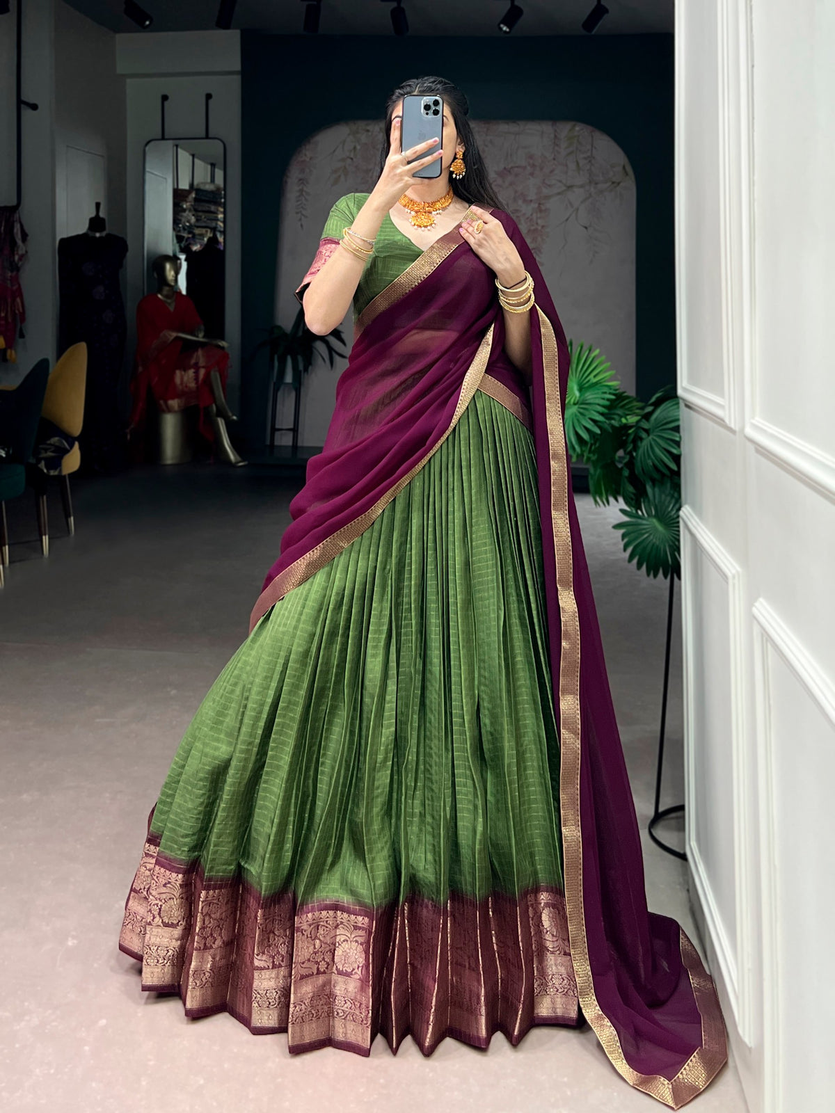 Mehandi Pure Dola Chex with Zari Weaving Work South Indian Lehenga Choli