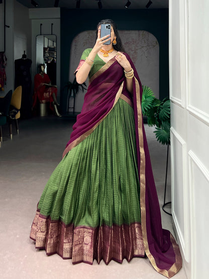 Mehandi Pure Dola Chex with Zari Weaving Work South Indian Lehenga Choli