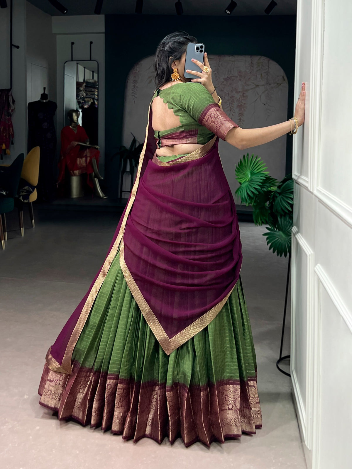 Mehandi Pure Dola Chex with Zari Weaving Work South Indian Lehenga Choli