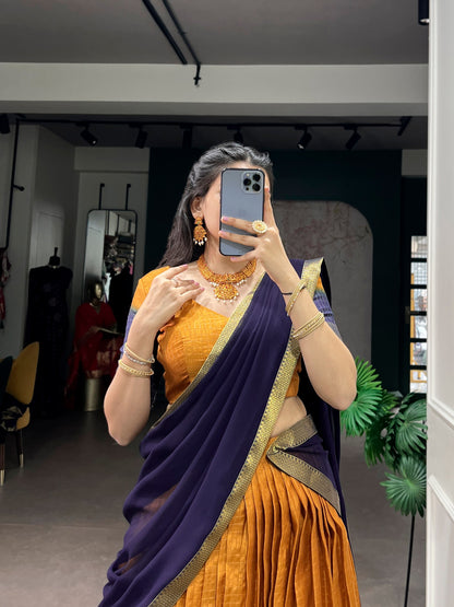 Mustard Pure Dola Chex with Zari Weaving Work South Indian Lehenga Choli