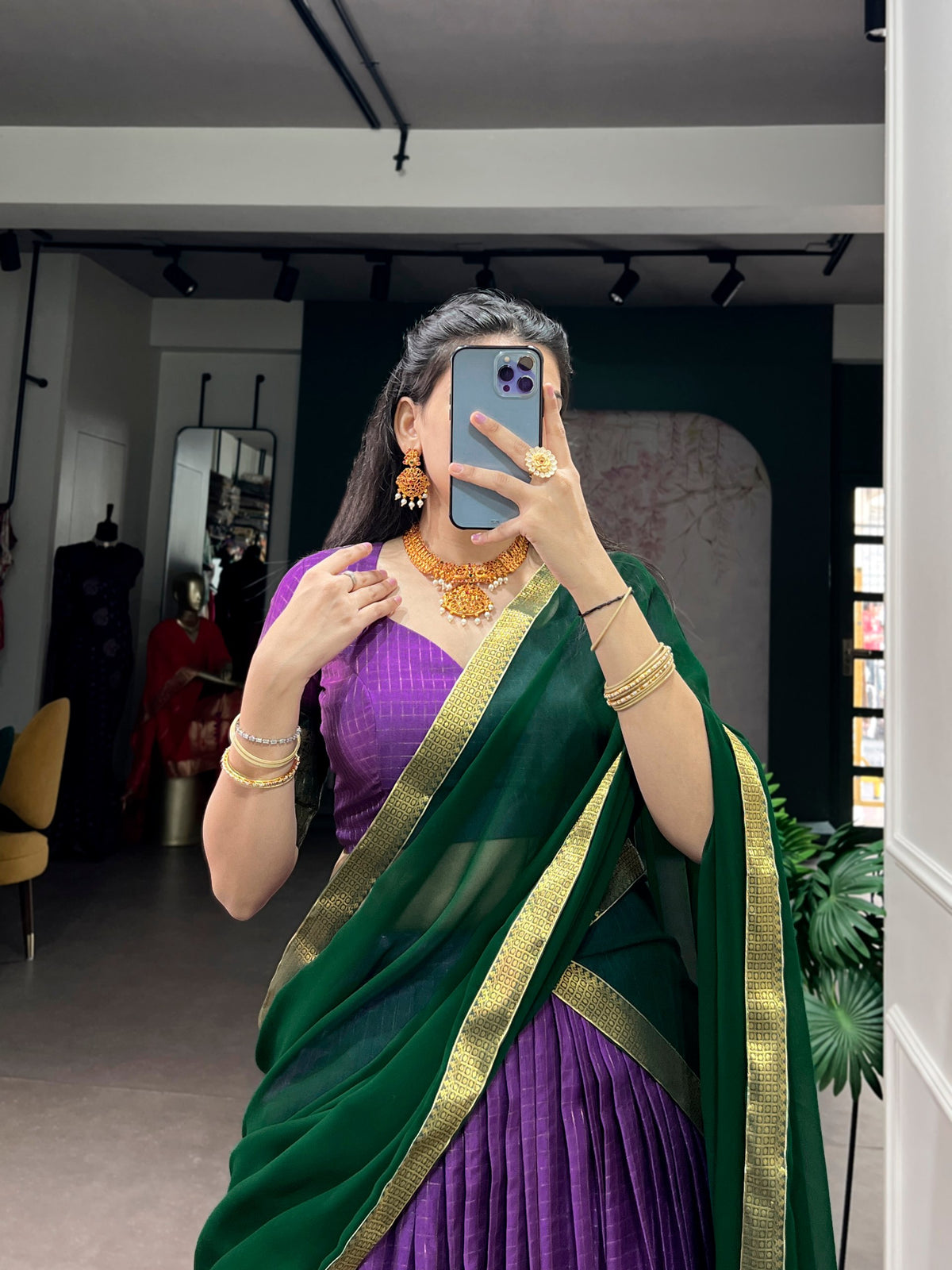 Purple Pure Dola Chex with Zari Weaving Work South Indian Lehenga Choli
