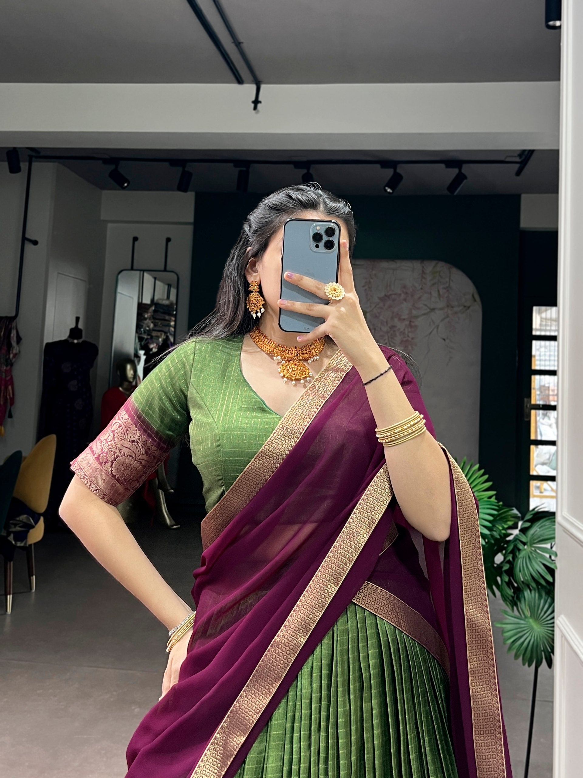 Mehandi Pure Dola Chex with Zari Weaving Work South Indian Lehenga Choli