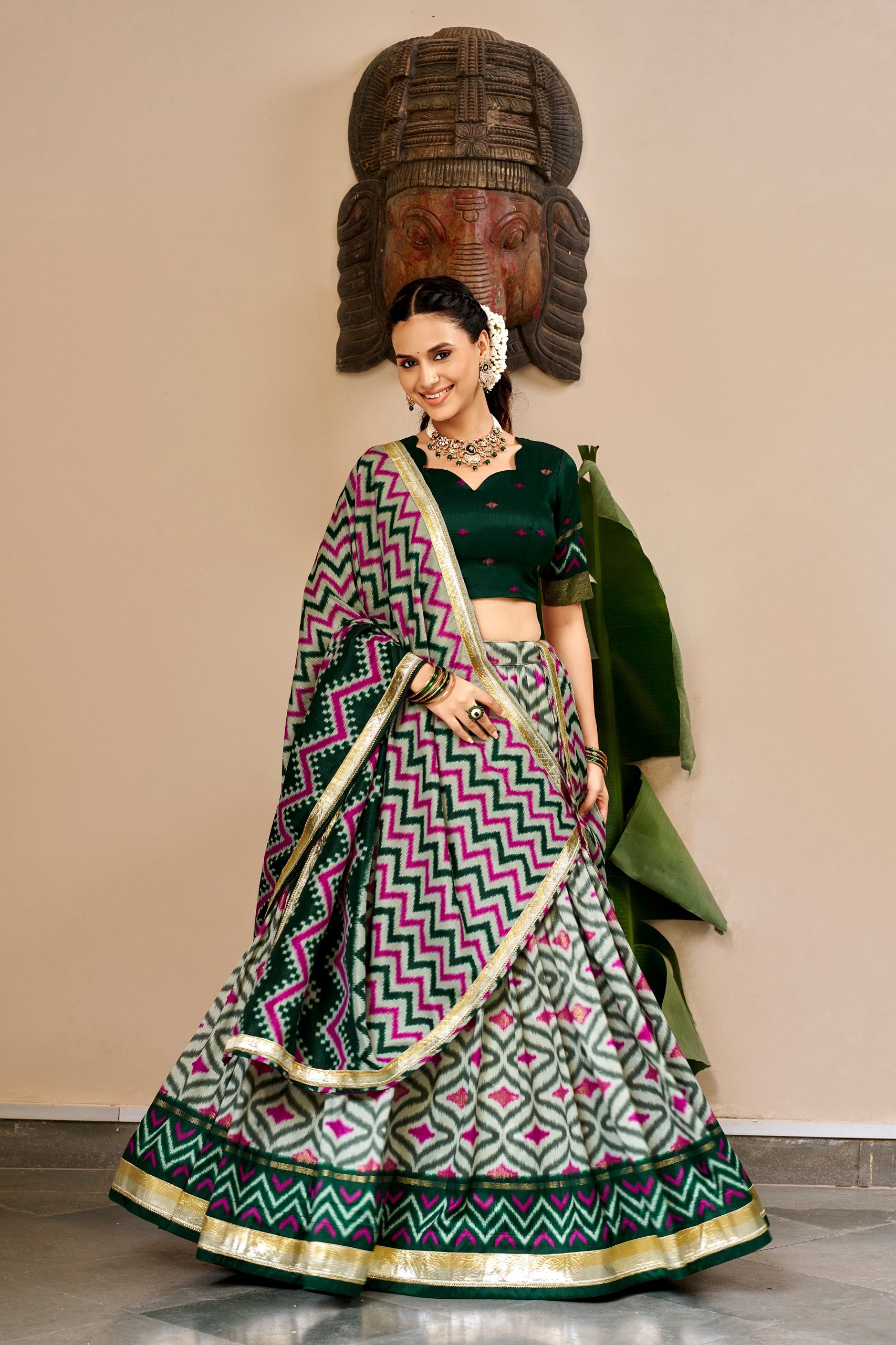 Green Pure Tusar Silk Foil Printed South Indian Lehenga Choli