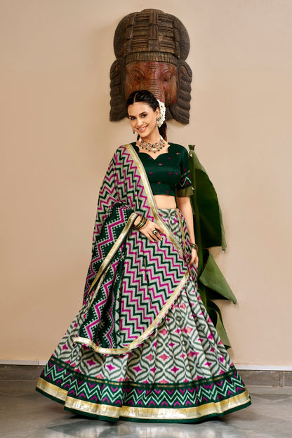 Green Pure Tusar Silk Foil Printed South Indian Lehenga Choli