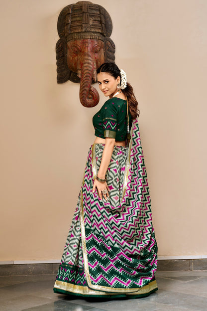 Green Pure Tusar Silk Foil Printed South Indian Lehenga Choli