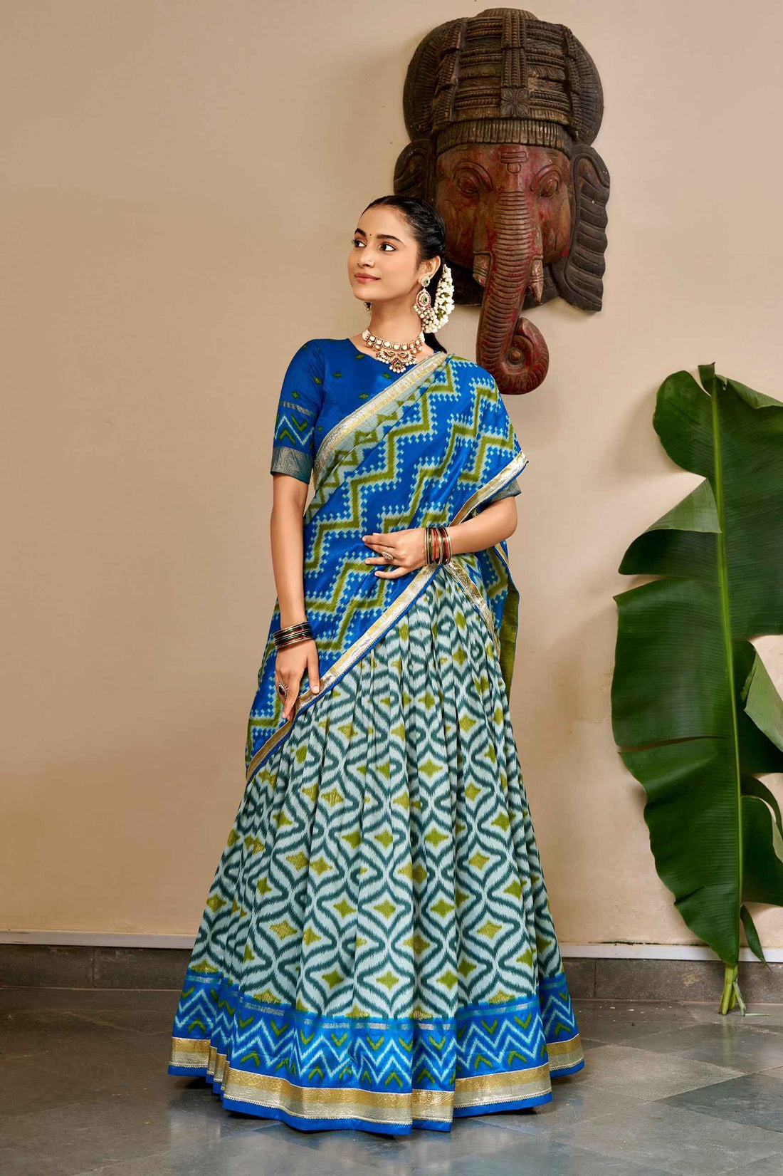 Sky Pure Tusar Silk Foil Printed South Indian Lehenga Choli