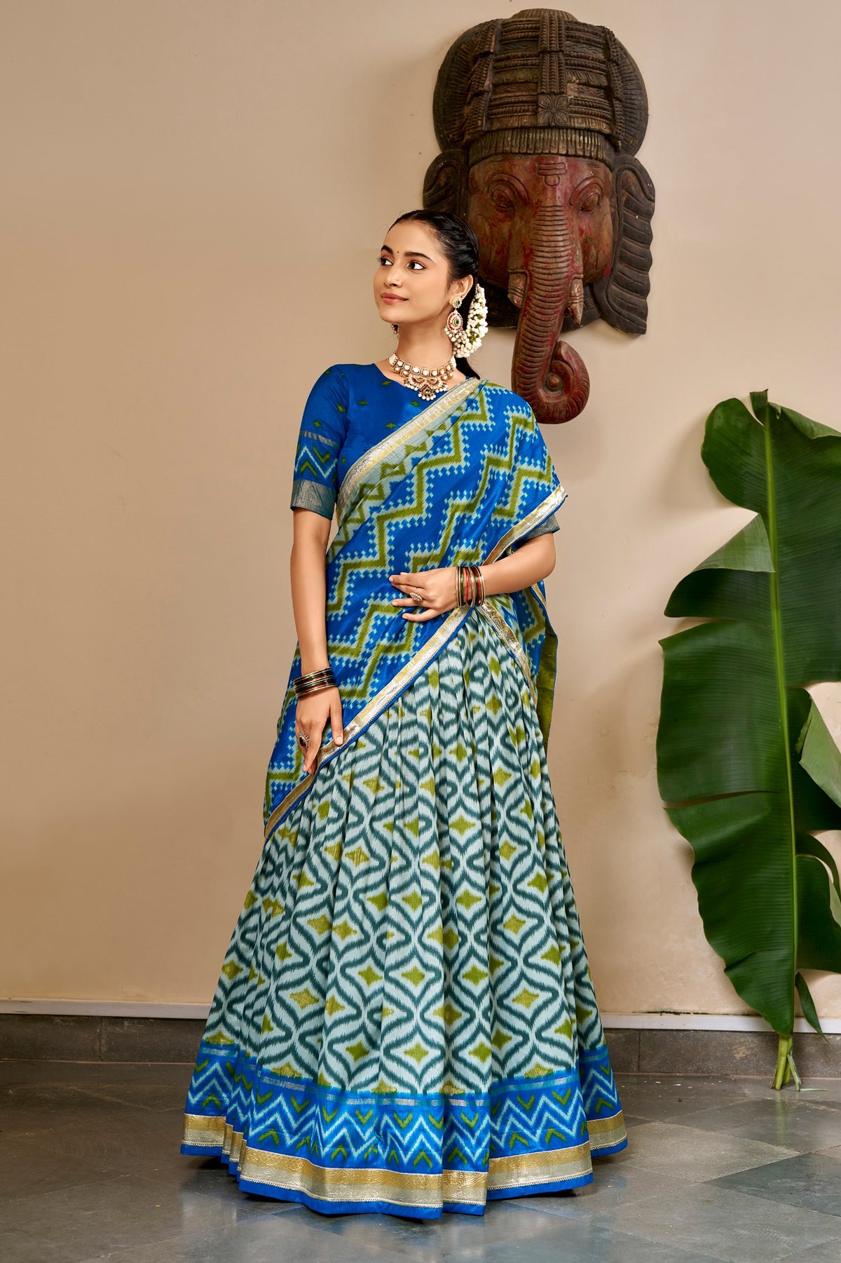 Sky Pure Tusar Silk Foil Printed South Indian Lehenga Choli