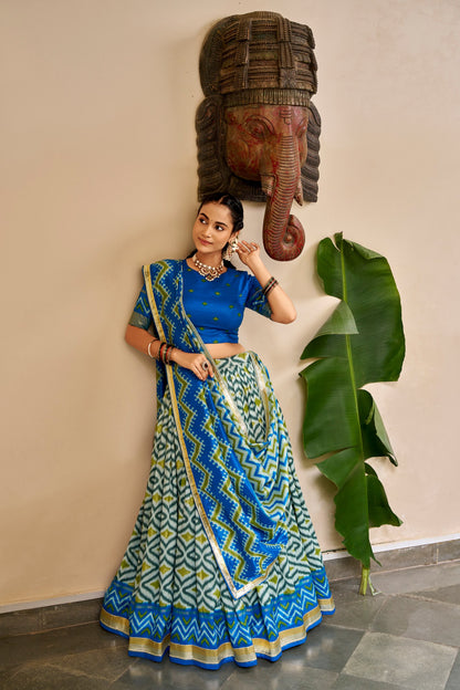 Sky Pure Tusar Silk Foil Printed South Indian Lehenga Choli