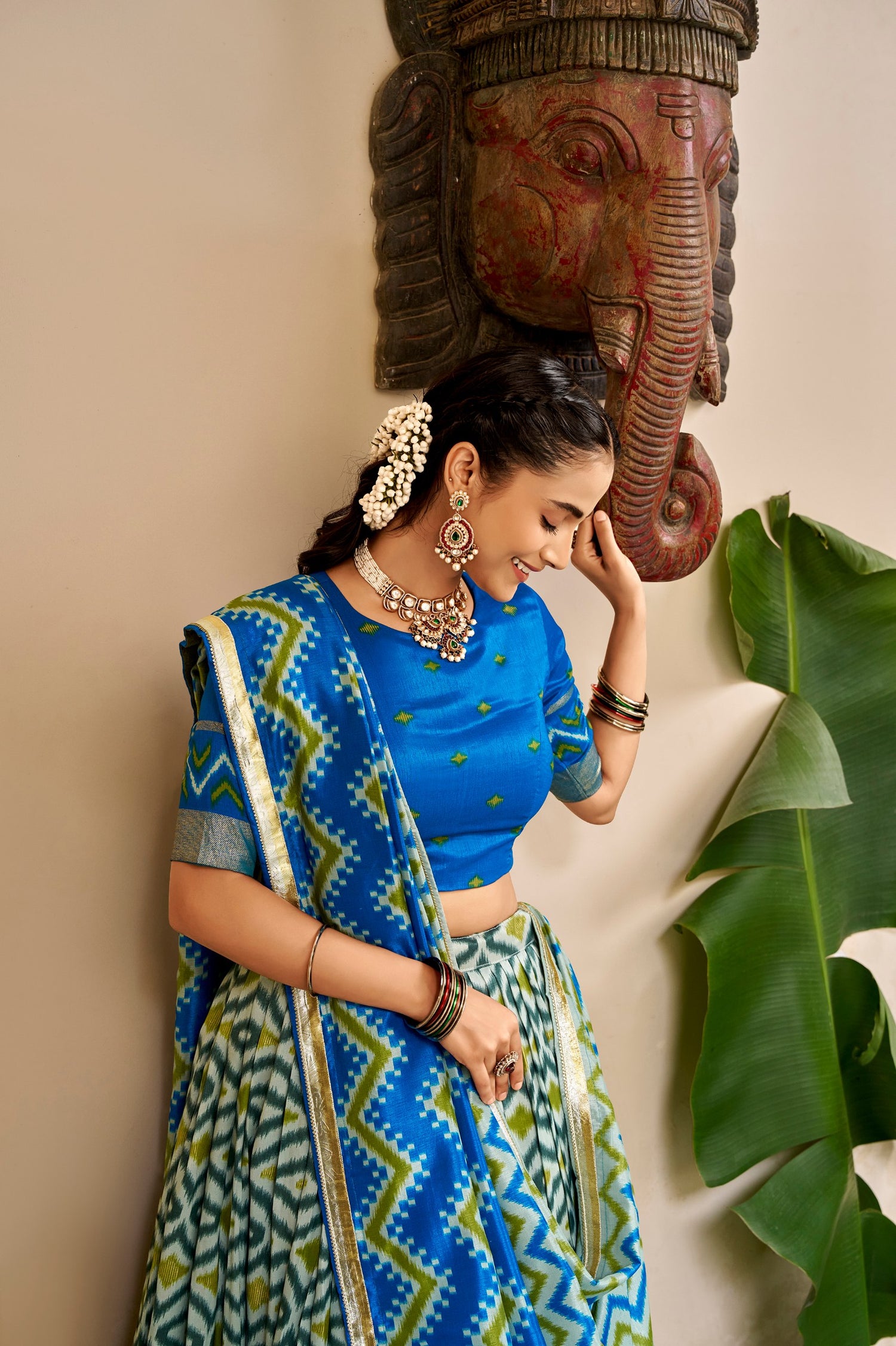 Sky Pure Tusar Silk Foil Printed South Indian Lehenga Choli