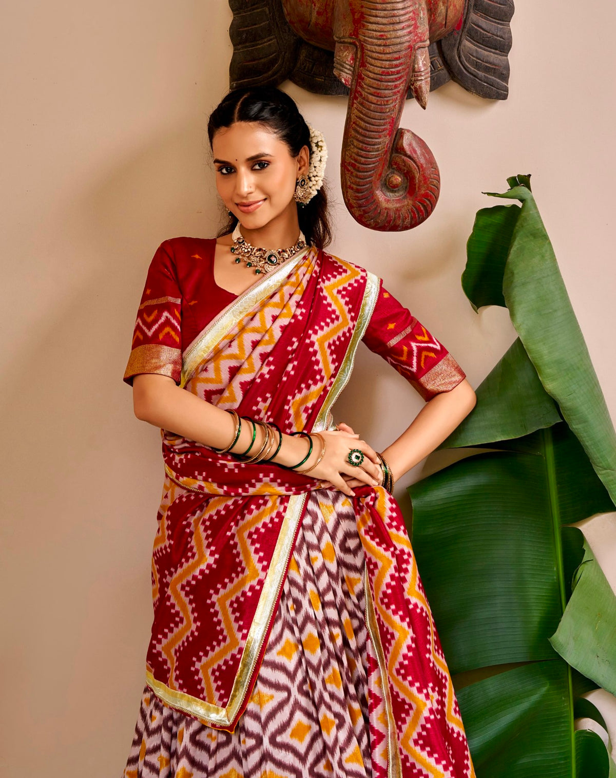 Maroon Pure Tusar Silk Foil Printed South Indian Lehenga Choli