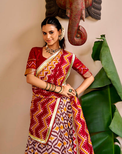 Maroon Pure Tusar Silk Foil Printed South Indian Lehenga Choli