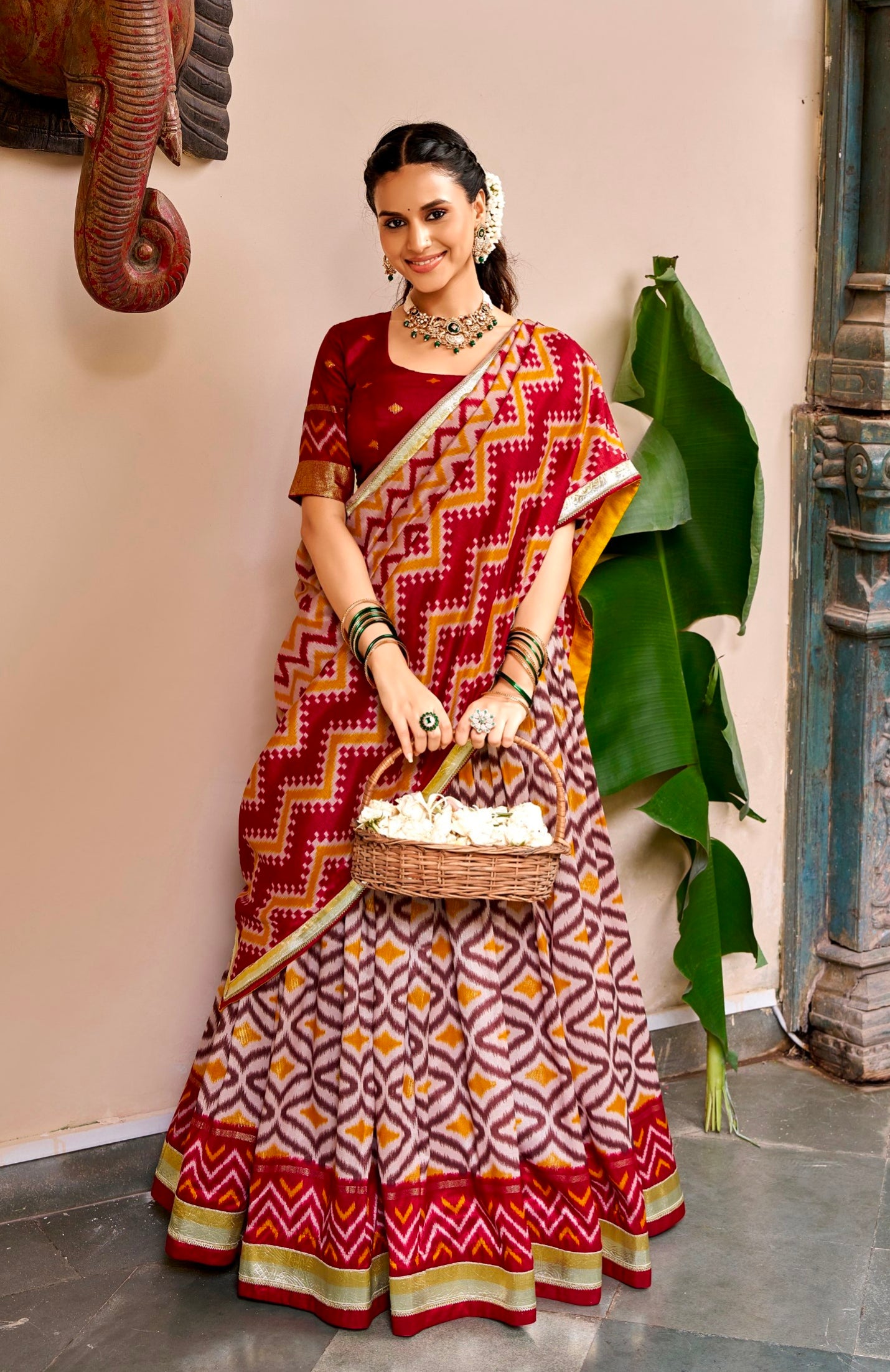 Maroon Pure Tusar Silk Foil Printed South Indian Lehenga Choli